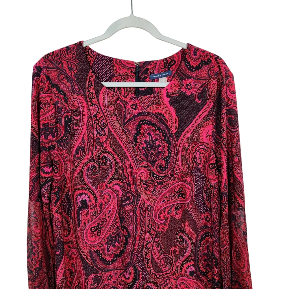 Tommy Hilfiger Red Paisley Floral Shift Dress Sheer Sleeves Women's Size 16